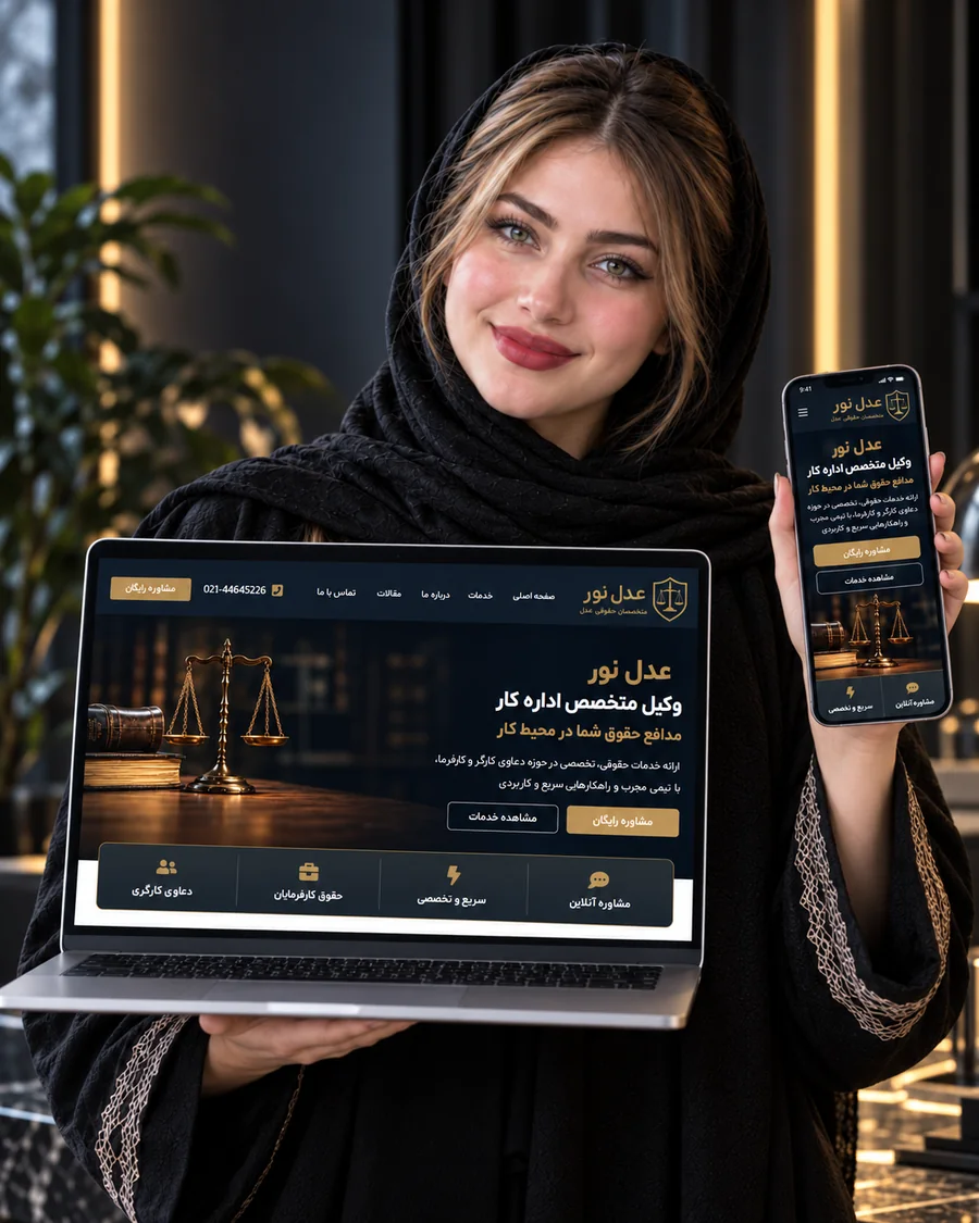 نمونه طراحی سایت وردپرسی موسسه حقوقی عدل نور در لپ تاپ و موبایل