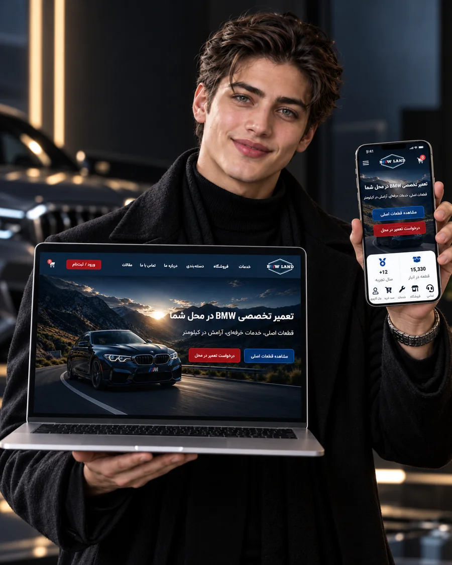 نمونه طراحی سایت وردپرسی فروشگاه تخصصی لوازم یدکی و تعمیرات BMW Land در لپ تاپ و موبایل
