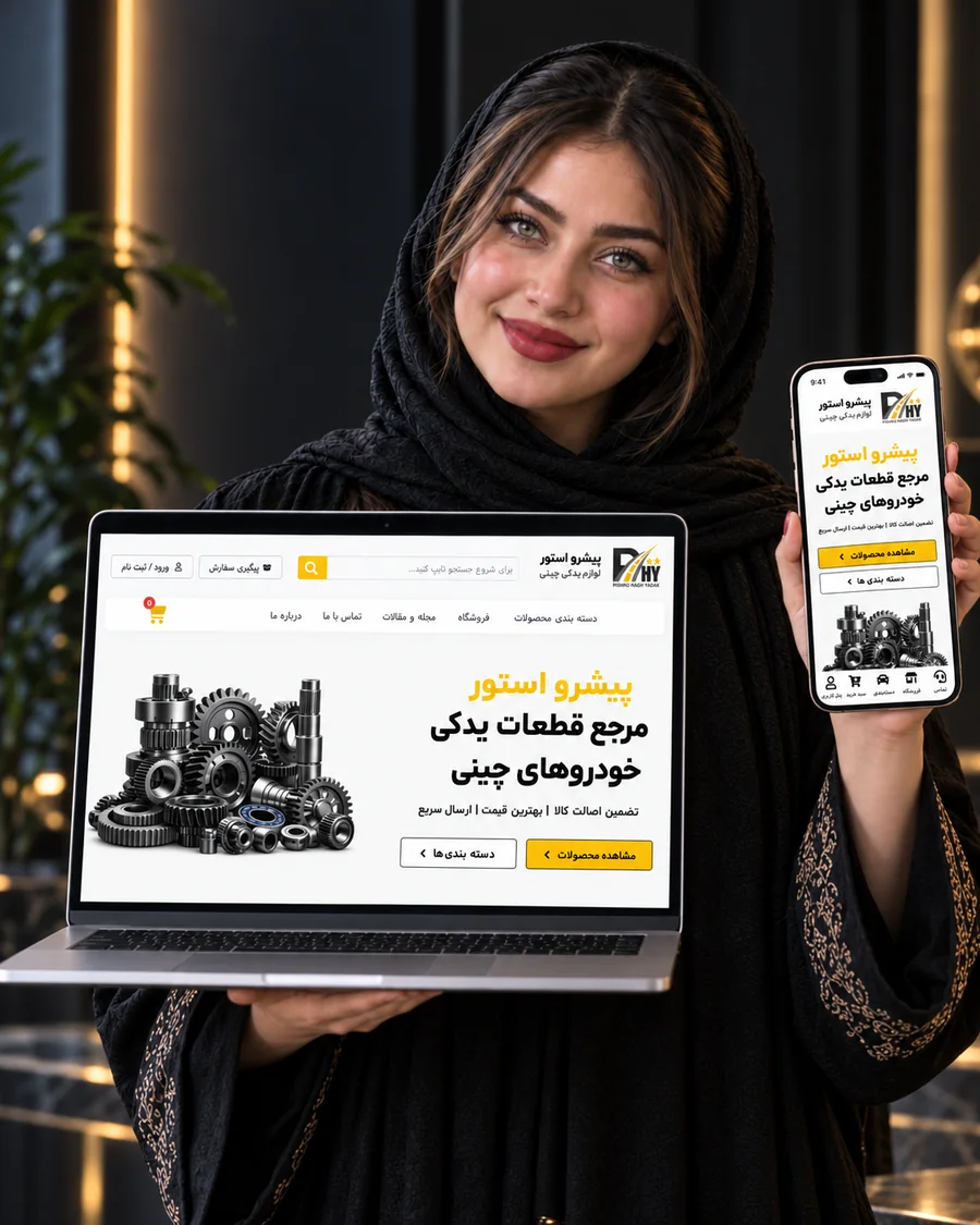 نمونه طراحی فروشگاه اینترنتی وردپرسی لوازم یدکی چینی پیشرو استور در لپ تاپ و موبایل